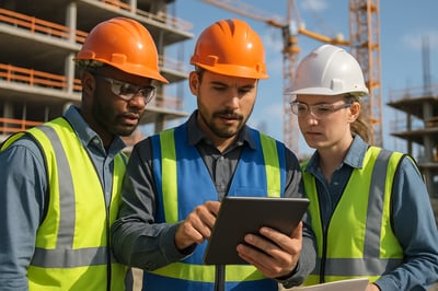 Construction crew using a tablet to generate a report on-site