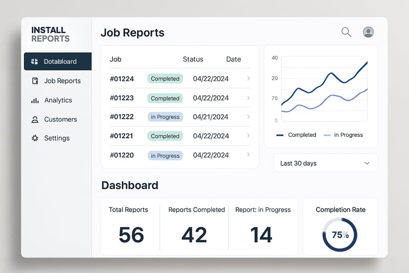 Install Reports platform interface showcasing job reports and dashboard features